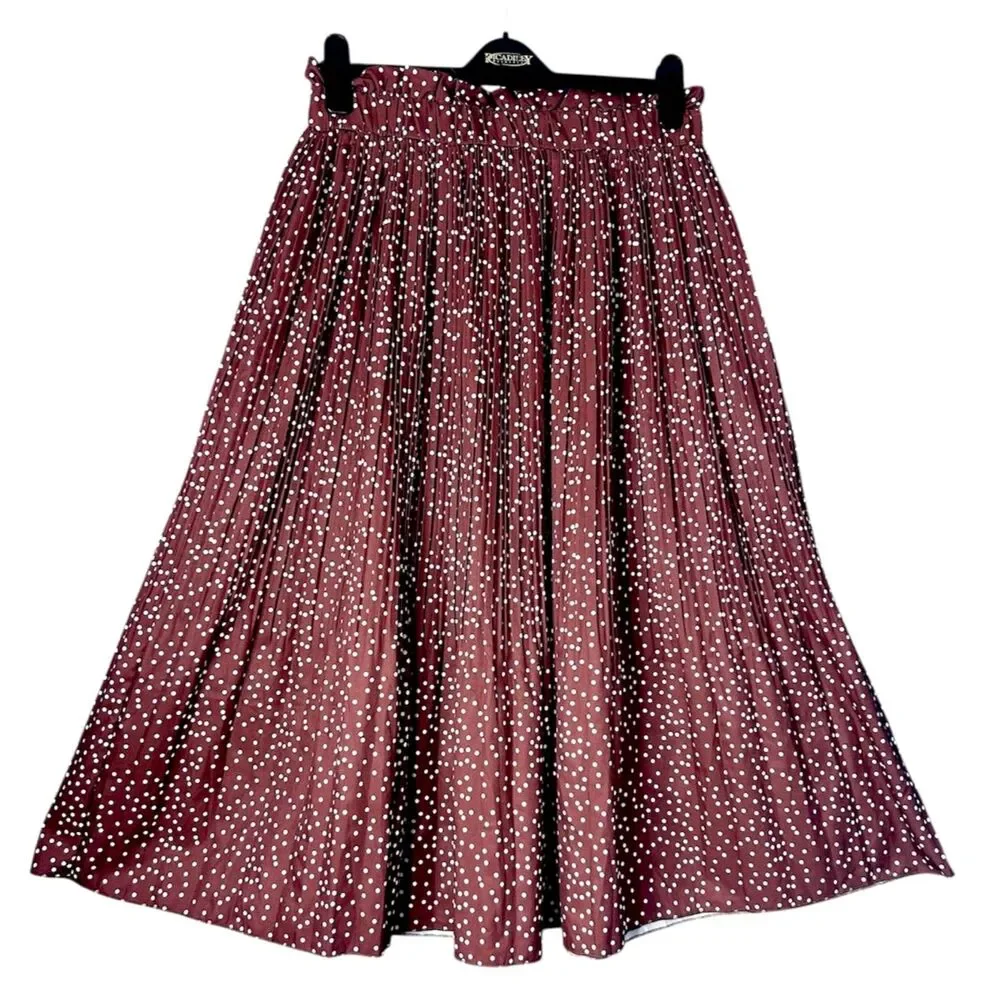 Womens Mocha Brown Pleated Midi Skirt XL Polka Dot Retro Classic Flowy High-Rise